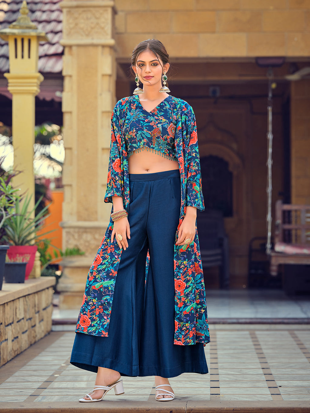 Jyoti Fashion Women's Teal Silk Print with Hand Work Indo Western Kurta Set - Distacart