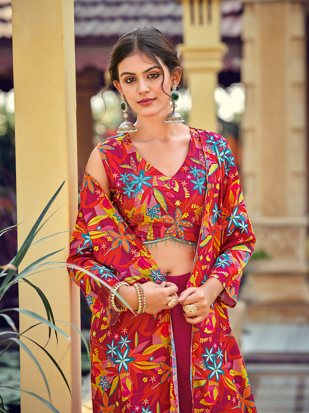 Jyoti Fashion Women's Pink Silk Print with Hand Work Indo Western Kurta Set - Distacart