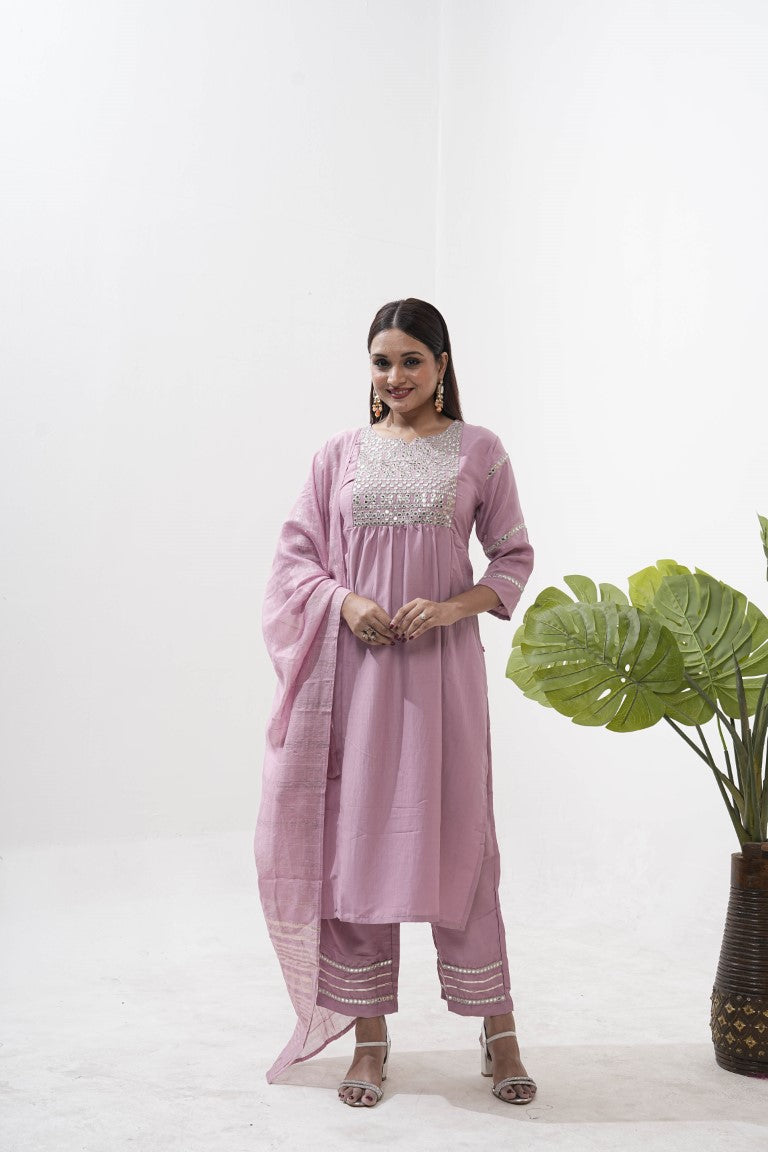Jyoti Fashion Women's Purple Vertical Silk Sequins Embroidered Kurta Set