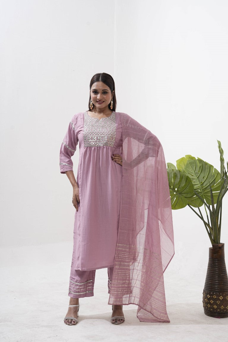 Jyoti Fashion Women's Purple Vertical Silk Sequins Embroidered Kurta Set