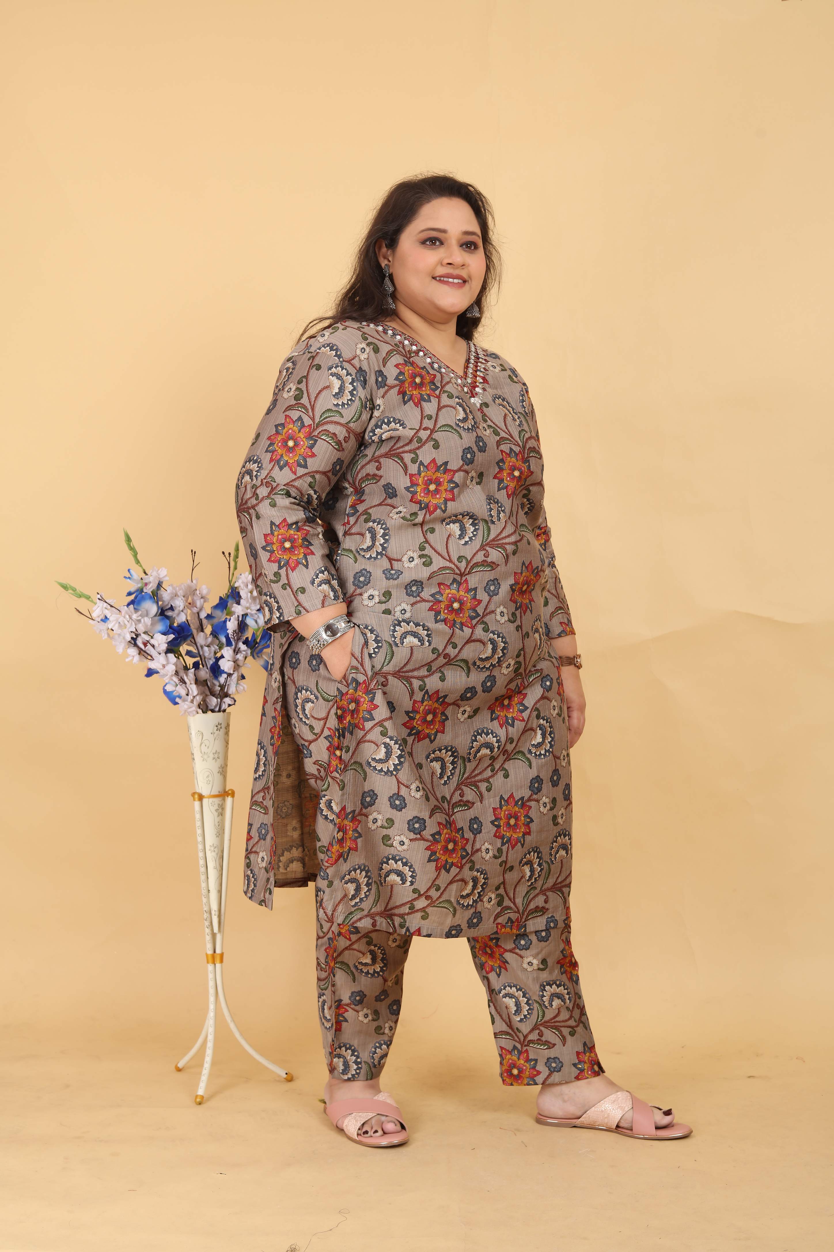 Jyoti Fashion Women's Grey Lichi Viscose Digital Print with Handwork Kurta Set - Distacart