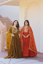 Jyoti Fashion Women's Mehendi & Fanta Fendi Sequins & Zari Embroidered Anarkali Combo Set With Dupatta