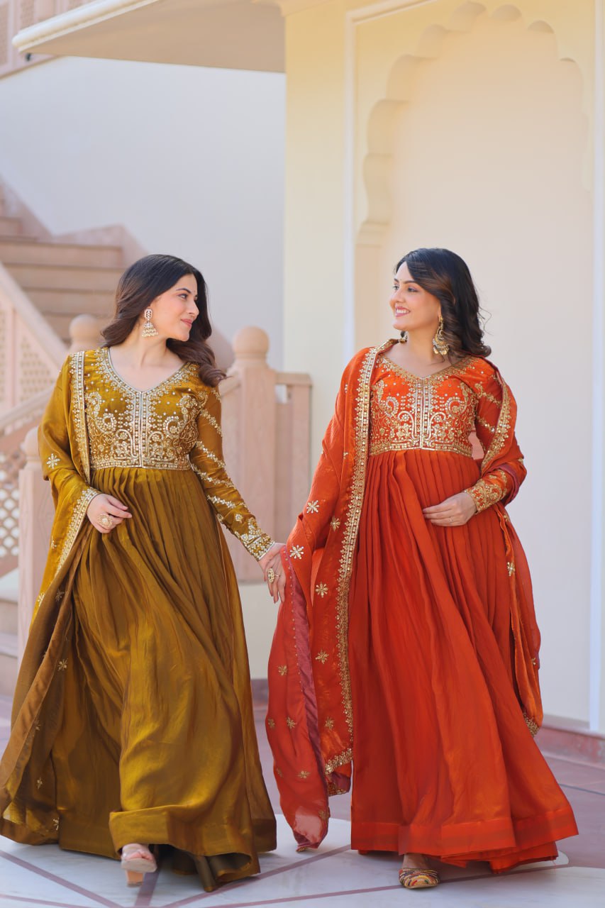 Jyoti Fashion Women's Mehendi & Fanta Fendi Sequins & Zari Embroidered Anarkali Combo Set With Dupatta
