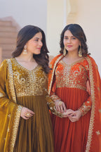 Jyoti Fashion Women's Mehendi & Fanta Fendi Sequins & Zari Embroidered Anarkali Combo Set With Dupatta