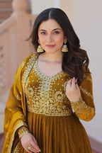 Jyoti Fashion Women's Mehendi Fendi Sequins & Zari Embroidered Anarkali Set With Dupatta