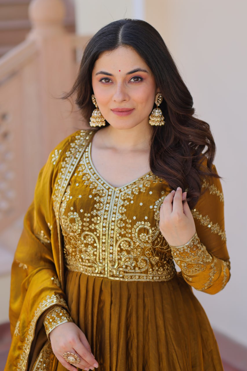 Jyoti Fashion Women's Mehendi Fendi Sequins & Zari Embroidered Anarkali Set With Dupatta