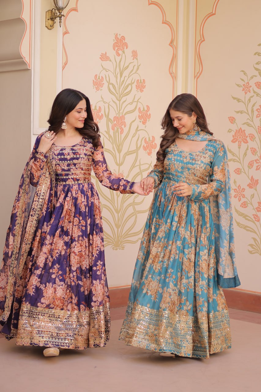 Jyoti Fashion Women's Sky Blue & Purple Russian Silk Digital Print with Sequins Embroidered Anarkali Combo Set With Dupatta