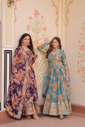 Jyoti Fashion Women's Sky Blue & Purple Russian Silk Digital Print with Sequins Embroidered Anarkali Combo Set With Dupatta