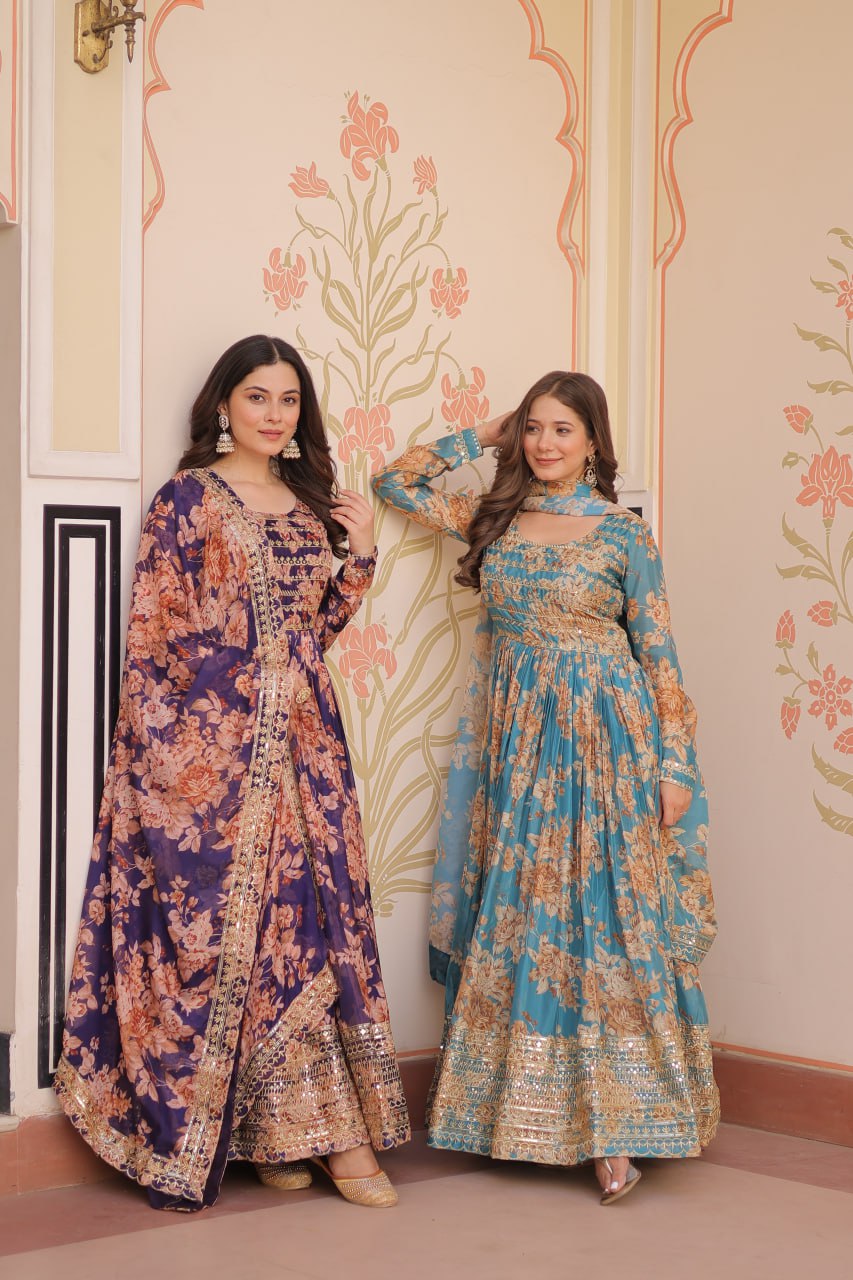 Jyoti Fashion Women's Sky Blue & Purple Russian Silk Digital Print with Sequins Embroidered Anarkali Combo Set With Dupatta
