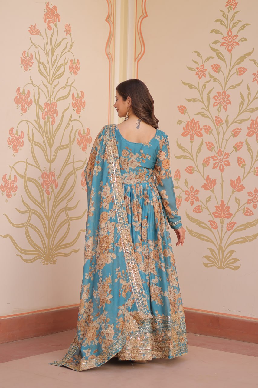 Jyoti Fashion Women's Sky Blue Russian Silk Digital Print with Sequins Embroidered Anarkali Set With Dupatta