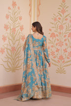 Jyoti Fashion Women's Sky Blue Russian Silk Digital Print with Sequins Embroidered Anarkali Set With Dupatta
