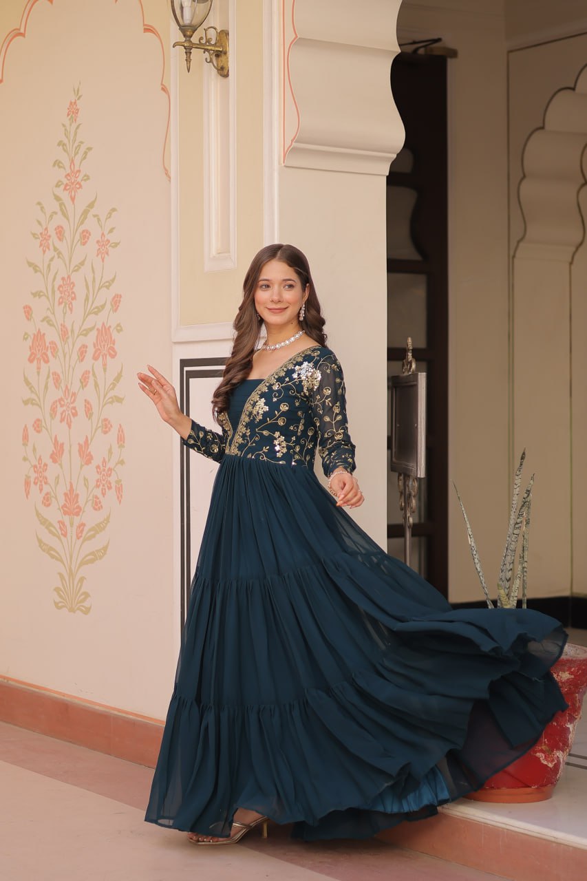 Jyoti Fashion Women's Teal Faux Blooming Sequins & Zari Embroidered Long Designer Anarkali Set