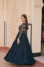 Jyoti Fashion Women's Teal Faux Blooming Sequins & Zari Embroidered Long Designer Anarkali Set