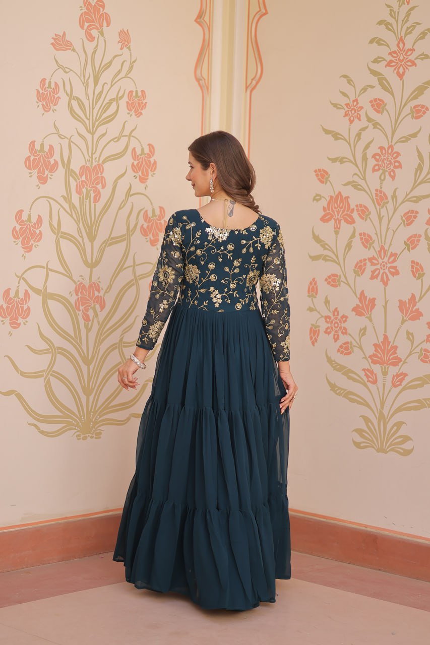 Jyoti Fashion Women's Teal Faux Blooming Sequins & Zari Embroidered Long Designer Anarkali Set
