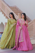 Jyoti Fashion Women's Mehendi & Pink Gold Crush Sequins with Multy Embroidered Anarkali Combo Set With Dupatta