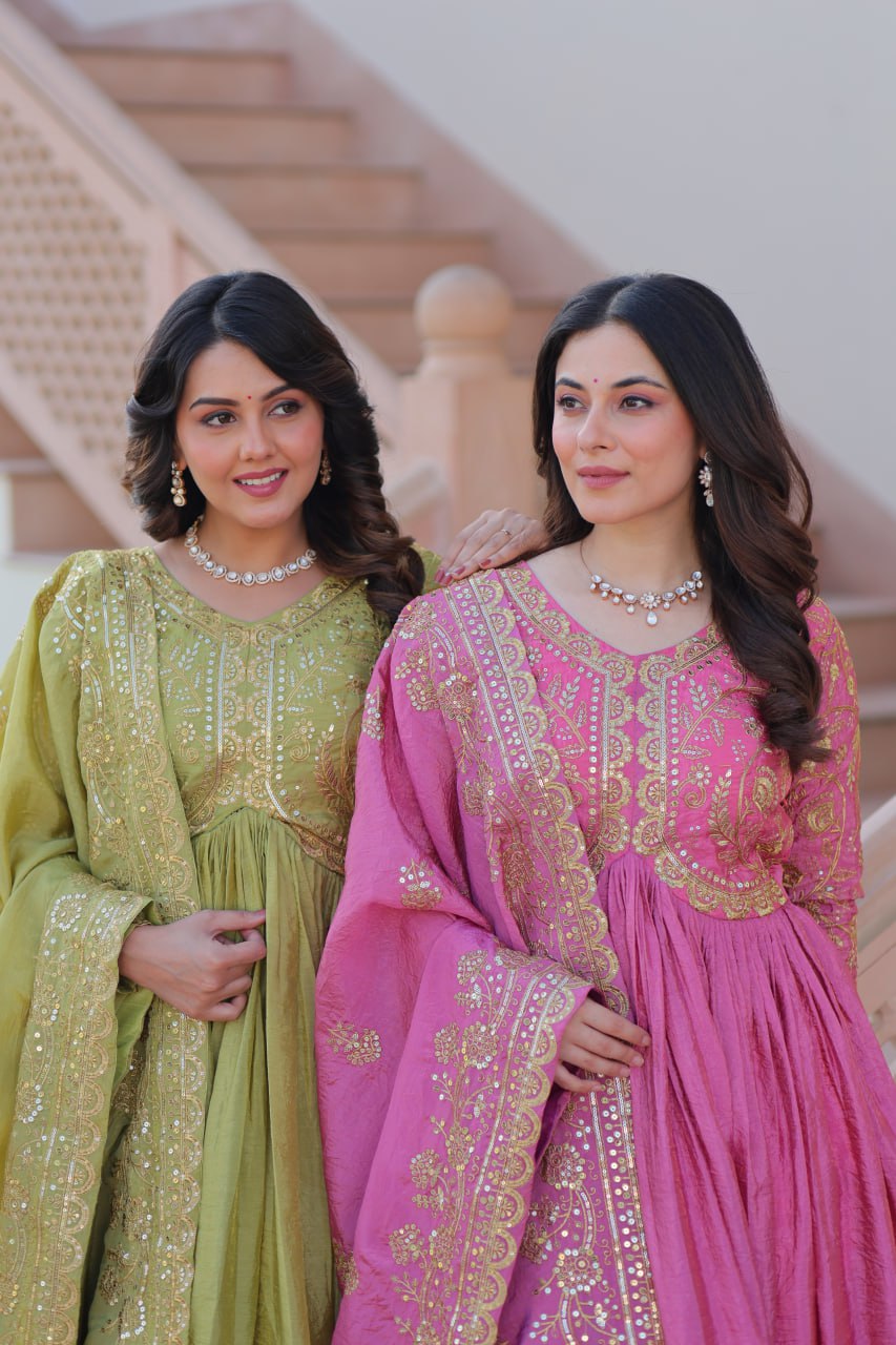 Jyoti Fashion Women's Mehendi & Pink Gold Crush Sequins with Multy Embroidered Anarkali Combo Set With Dupatta
