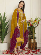 Jyoti Fashion Women's Mustard Chinon Chiffon Embroidered Designer Straight Suit Set