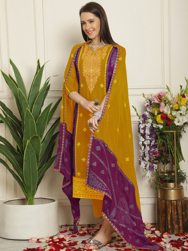 Jyoti Fashion Women's Mustard Chinon Chiffon Embroidered Designer Straight Suit Set
