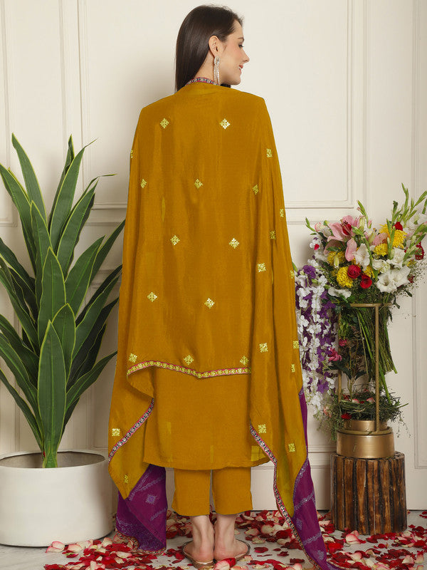 Jyoti Fashion Women's Mustard Chinon Chiffon Embroidered Designer Straight Suit Set