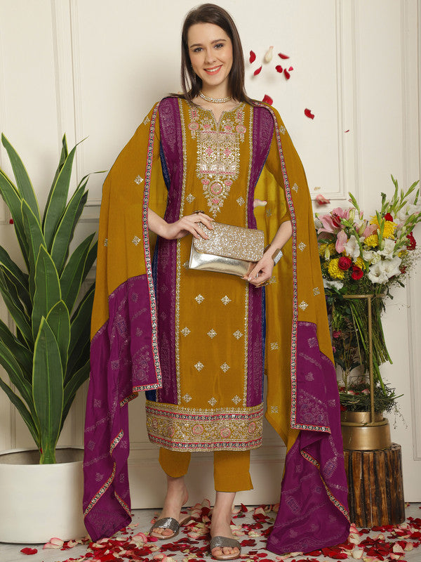 Jyoti Fashion Women's Mustard Chinon Chiffon Embroidered Designer Straight Suit Set