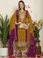 Jyoti Fashion Women's Mustard Chinon Chiffon Embroidered Designer Straight Suit Set