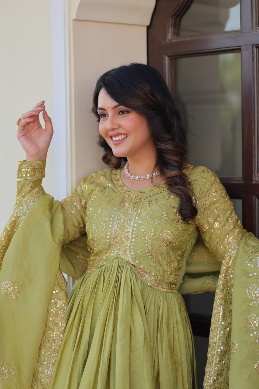 Jyoti Fashion Women's Mehendi Gold Crush Sequins with Multy Embroidered Anarkali Set With Dupatta