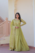 Jyoti Fashion Women's Mehendi Gold Crush Sequins with Multy Embroidered Anarkali Set With Dupatta
