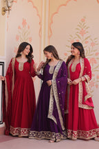 Jyoti Fashion Women's Maroon, Purple & Rani Faux Blooming Sequins & Zari Embroidered Combo Anarkali Set With Dupatta