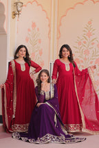 Jyoti Fashion Women's Maroon, Purple & Rani Faux Blooming Sequins & Zari Embroidered Combo Anarkali Set With Dupatta