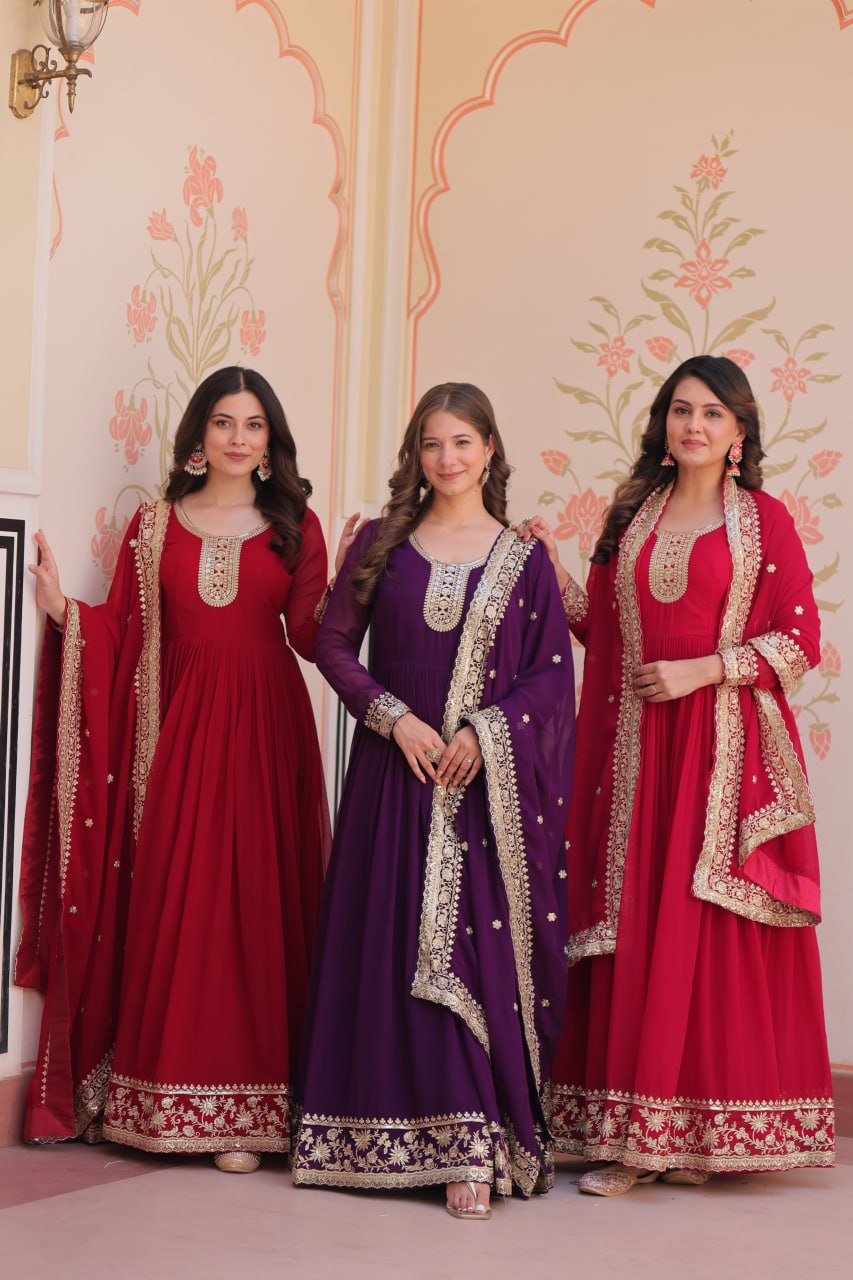 Jyoti Fashion Women's Maroon, Purple & Rani Faux Blooming Sequins & Zari Embroidered Combo Anarkali Set With Dupatta