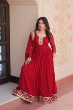 Jyoti Fashion Women's Maroon Faux Blooming Sequins & Zari Embroidered Anarkali Set With Dupatta