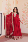 Jyoti Fashion Women's Maroon Faux Blooming Sequins & Zari Embroidered Anarkali Set With Dupatta