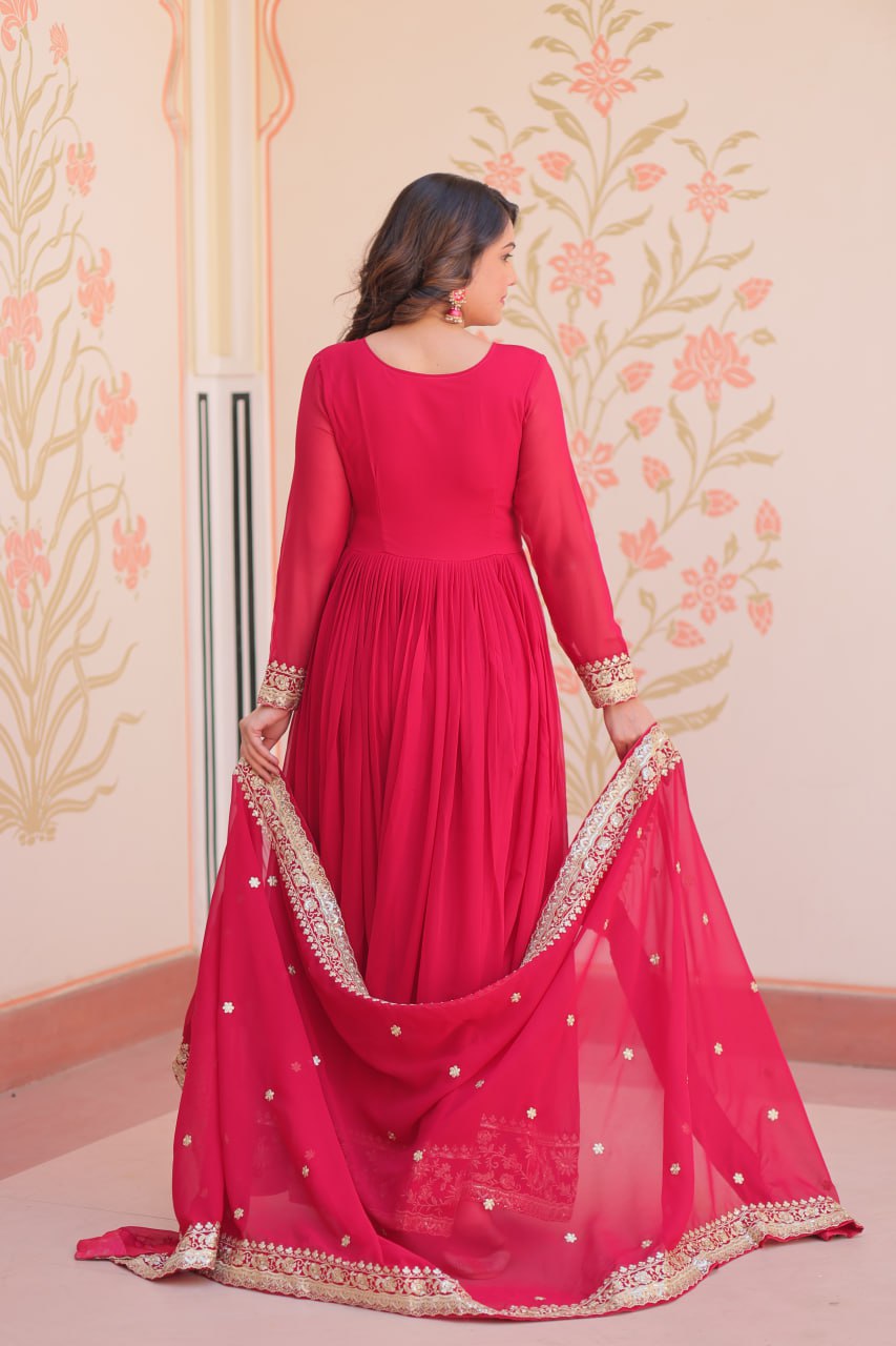 Jyoti Fashion Women's Rani Pink Faux Blooming Sequins & Zari Embroidered Anarkali Set With Dupatta