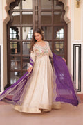 Jyoti Fashion Women's Purple Cosmos Jacquard Pearl Beads Embroidered Anarkali Set With Dupatta