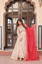 Jyoti Fashion Women's Red Cosmos Jacquard Pearl Beads Embroidered Anarkali Set With Dupatta