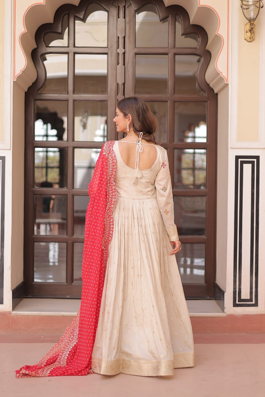 Jyoti Fashion Women's Red Cosmos Jacquard Pearl Beads Embroidered Anarkali Set With Dupatta
