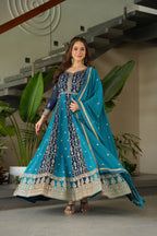 Jyoti Fashion Women's Blue Faux Blooming Zari & Sequins Embroidered Anarkali Set With Dupatta
