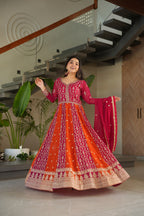 Jyoti Fashion Women's Rani Pink Faux Blooming Zari & Sequins Embroidered Anarkali Set With Dupatta