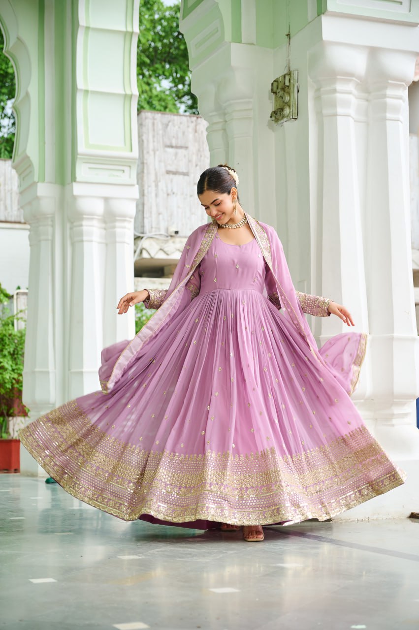 Jyoti Fashion Women's Lavender Faux Georgette Embroidered Designer Anarkali Set With Dupatta
