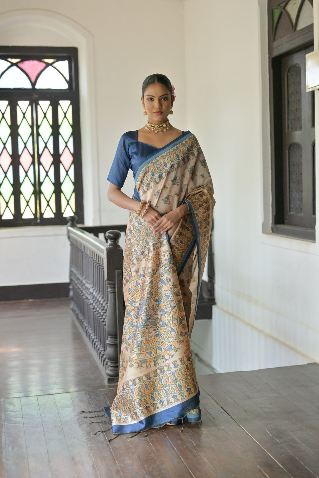 Jyoti Fashion Women's Blue Soft Tussar Silk Printed Designer Saree with Blouse - Distacart