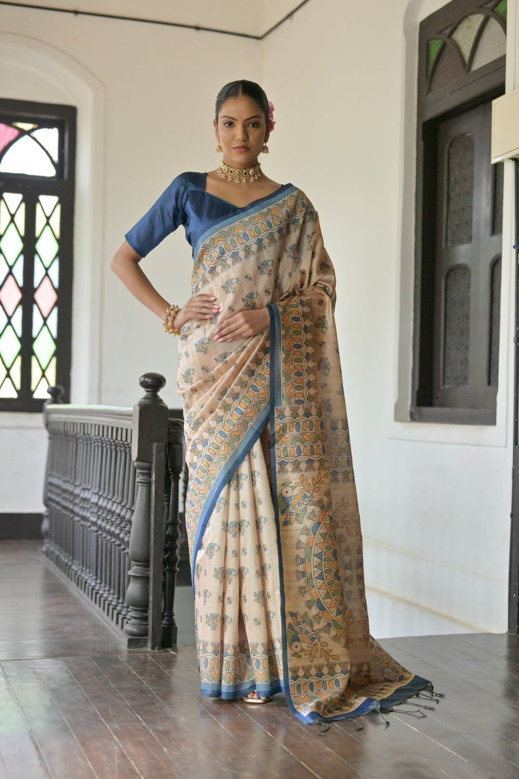 Jyoti Fashion Women's Blue Soft Tussar Silk Printed Designer Saree with Blouse - Distacart