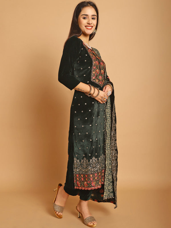 Jyoti Fashion Women's Green Velvet Floral Resham Thread with Jari & Sequince work Designer Straight Suit Set