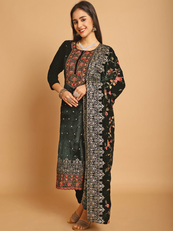 Jyoti Fashion Women's Green Velvet Floral Resham Thread with Jari & Sequince work Designer Straight Suit Set