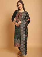 Jyoti Fashion Women's Green Velvet Floral Resham Thread with Jari & Sequince work Designer Straight Suit Set