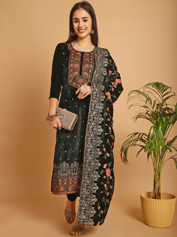 Jyoti Fashion Women's Green Velvet Floral Resham Thread with Jari & Sequince work Designer Straight Suit Set