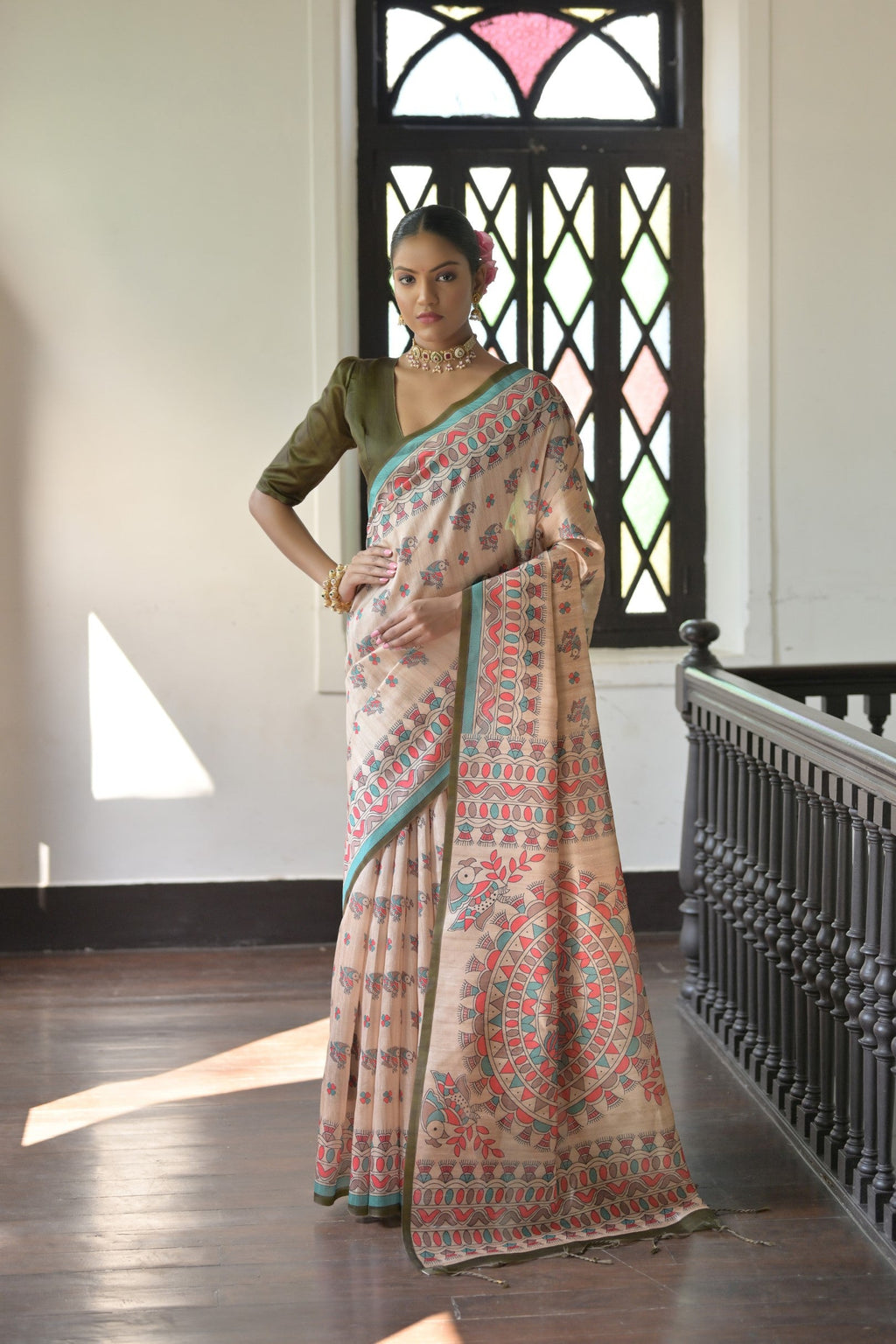 Jyoti Fashion Women's Mehendi Soft Tussar Silk Printed Designer Saree with Blouse - Distacart