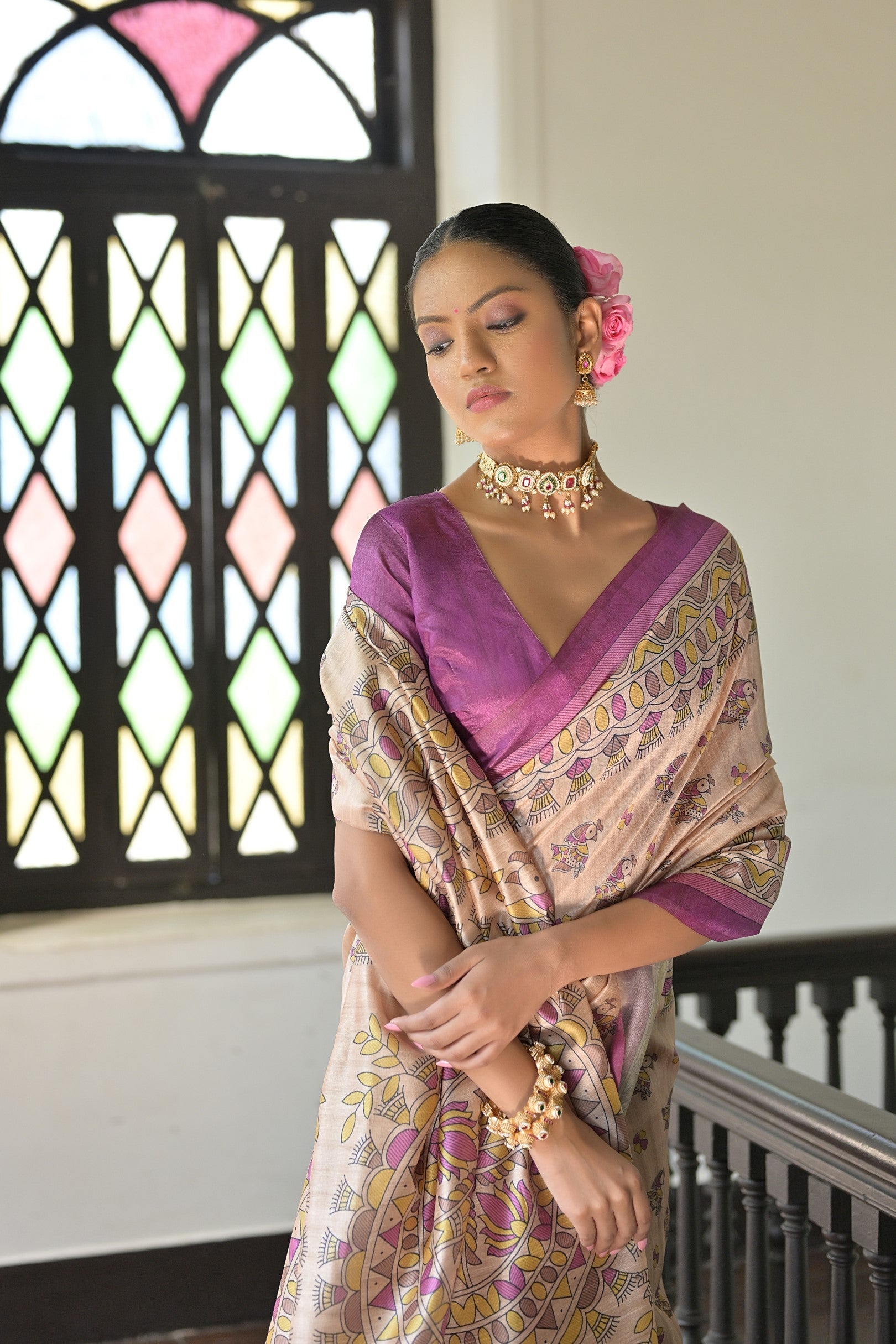 Jyoti Fashion Women's Wine Soft Tussar Silk Printed Designer Saree with Blouse - Distacart