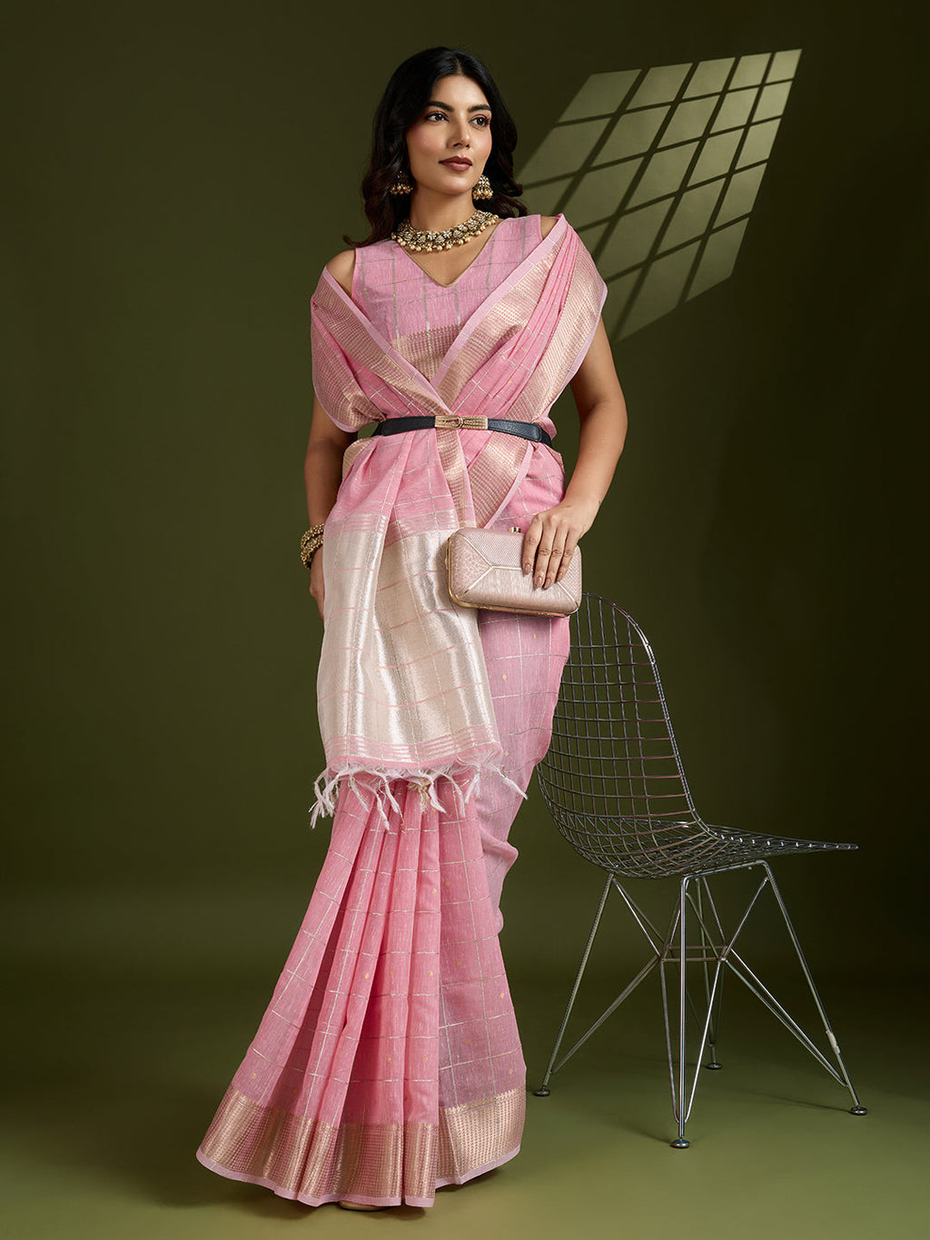 Jyoti Fashion Women's Pink Tissue Linen Silk Zari Woven Designer Saree with Blouse - Distacart