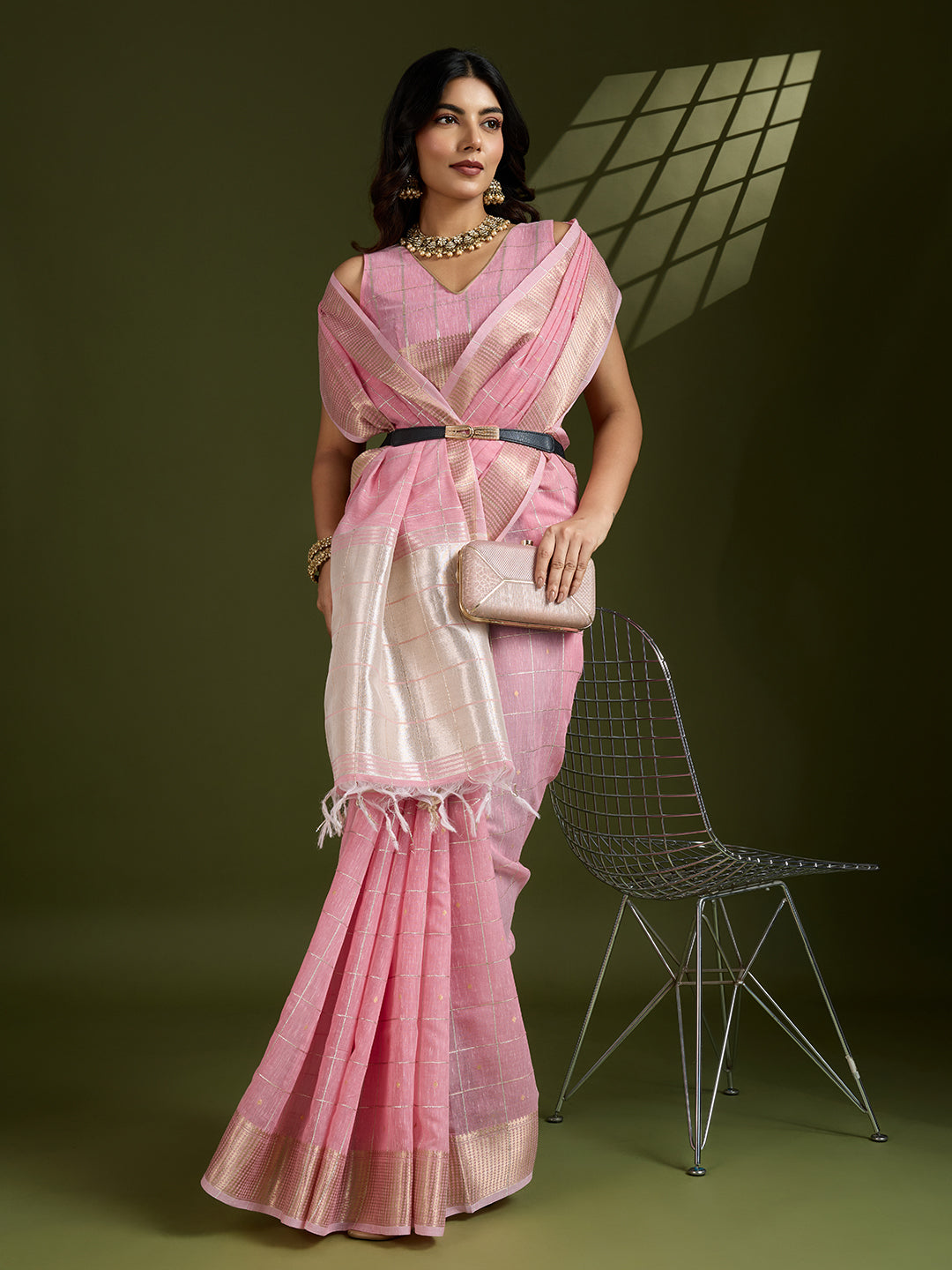 Jyoti Fashion Women's Pink Tissue Linen Silk Zari Woven Designer Saree with Blouse - Distacart