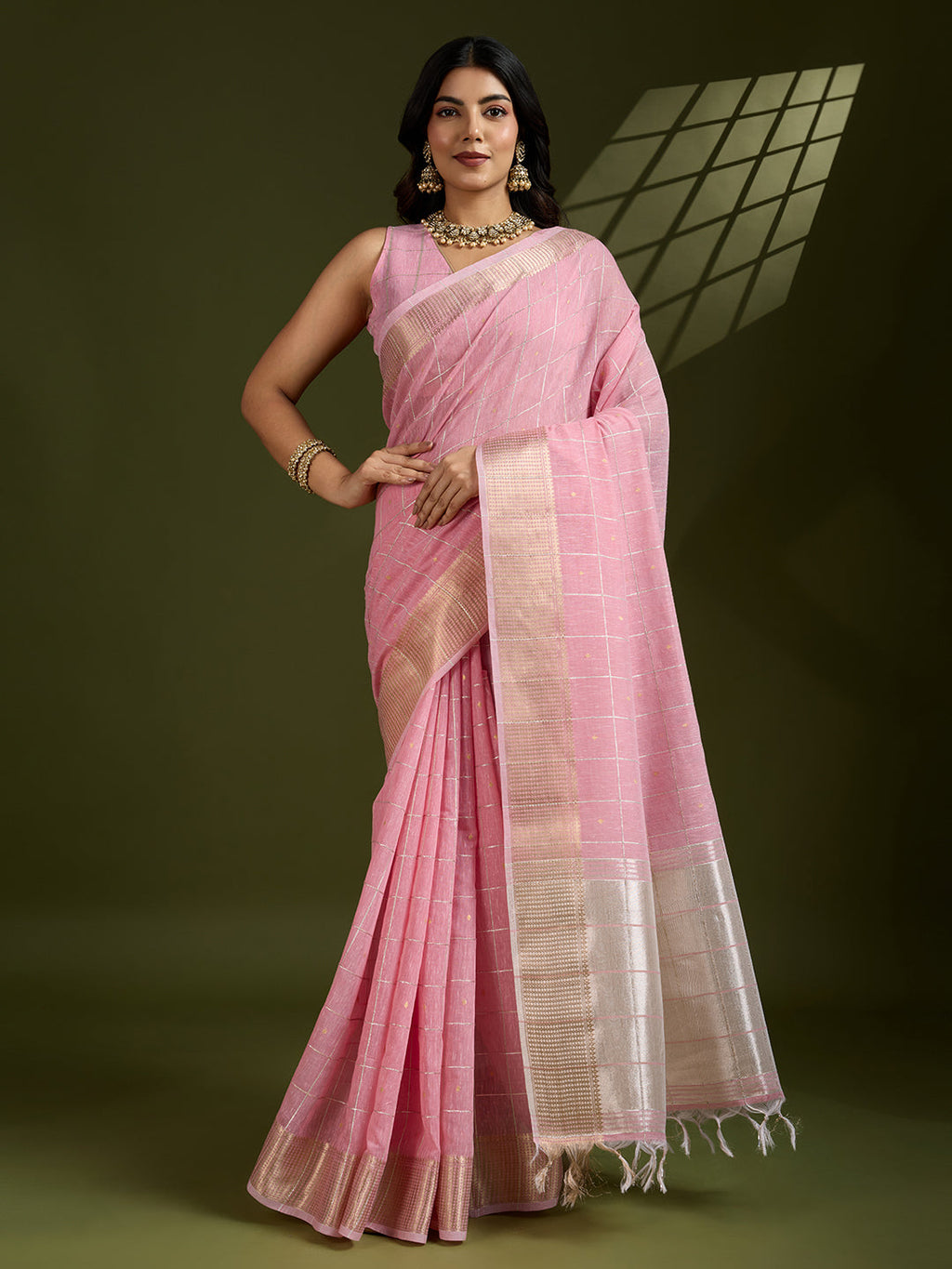 Jyoti Fashion Women's Pink Tissue Linen Silk Zari Woven Designer Saree with Blouse - Distacart